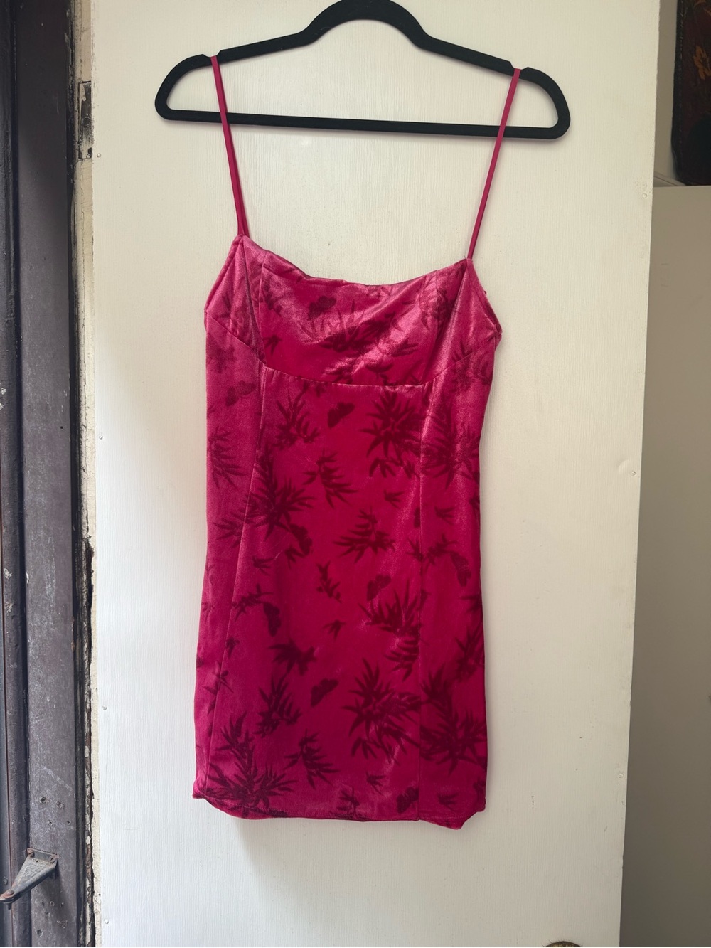 Urban Outfitters y2k hot pink velvet mini bodycon with magenta butterfly pattern